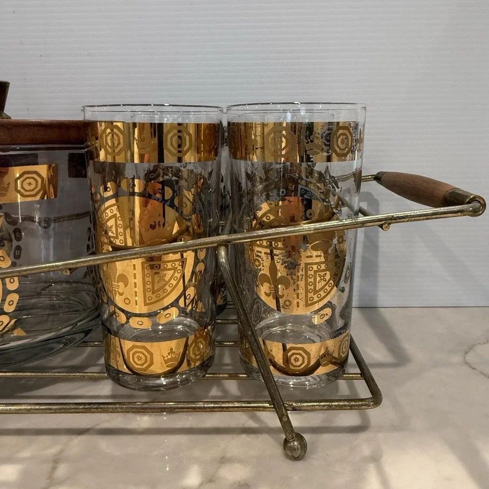 VTG MCM Vito Bari Barware Set 8 Highball Glasses, Ice Bucket & Caddy 22KT Gold